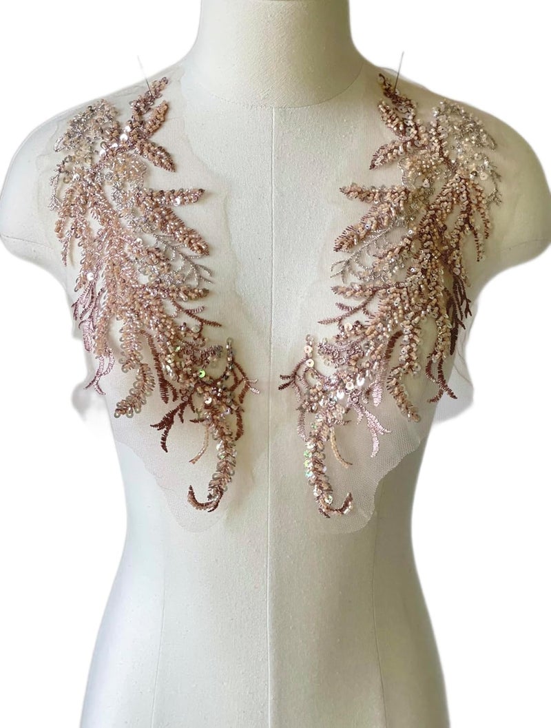 JRYYR Beaded Lace Applique, Flower Sequin Patch,Champagne Applique for DIY Neckline Wedding Bridal Prom Dresses Costumes 14.1x4.9 inches 1 Pair (Champagne) - Image 1